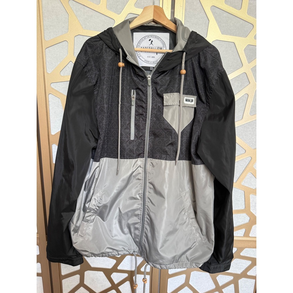 Baseballism Mens XXL Windbreaker Jacket Black Grey Colorblock Full Zip Hooded